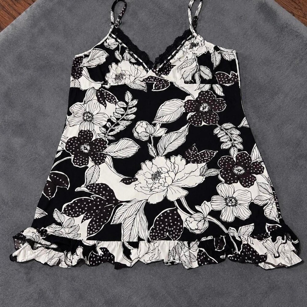 white and black floral polyester & spandex baby doll nightgown with ruffles, siz